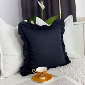 Natural Linen Dark Blue Ruffle Pillow Covers Set Navy Home Decor 24x 24 Crown